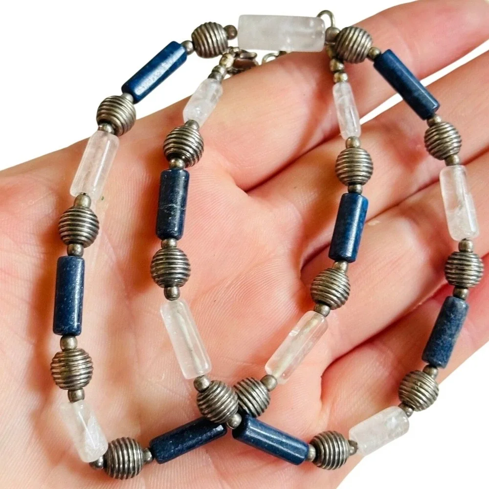 VTG Blue lazuli Lapis Quartz‎ Power Necklace natural tube beads BOHO silver 16